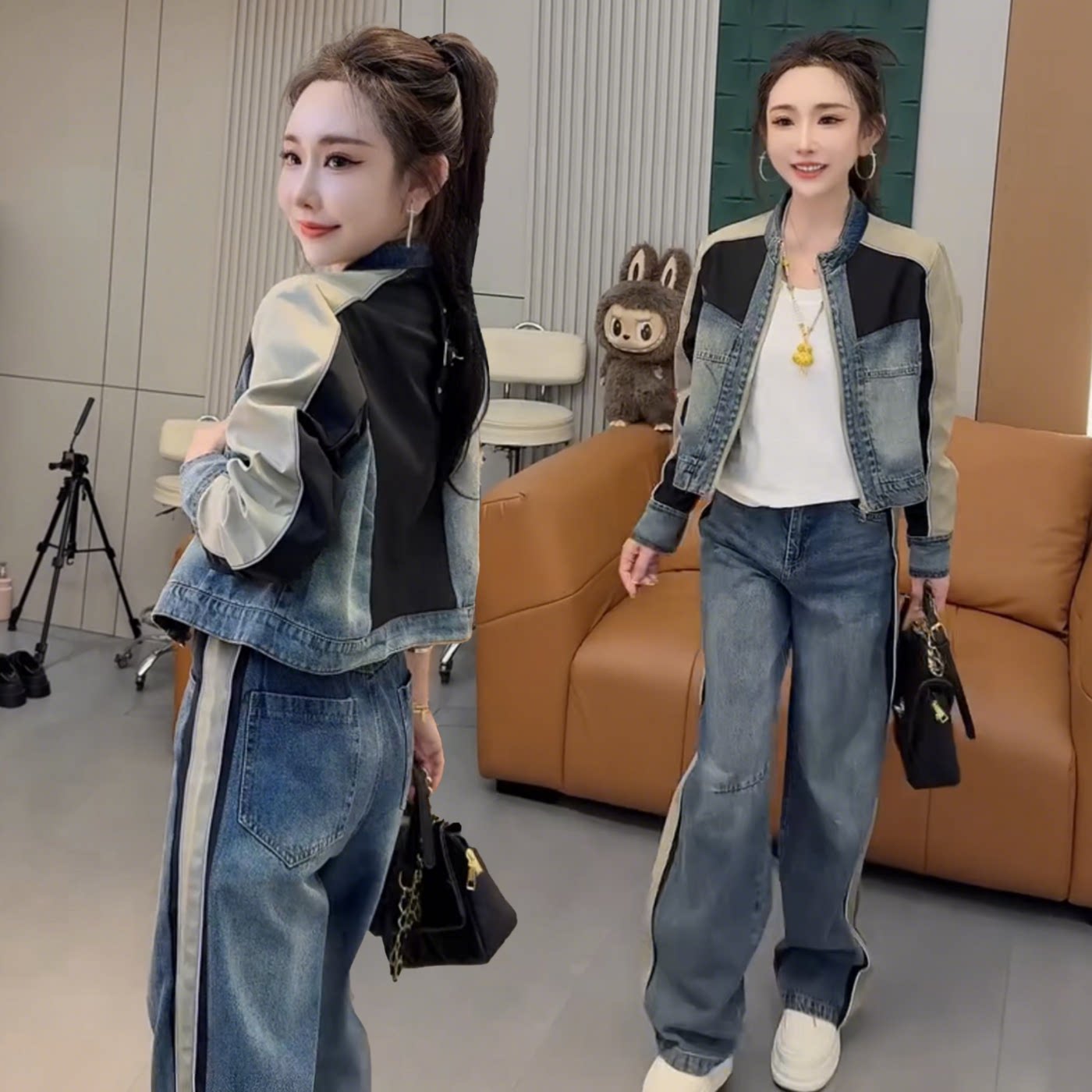 春季牛仔套装女短款外套阔腿裤两件套171元