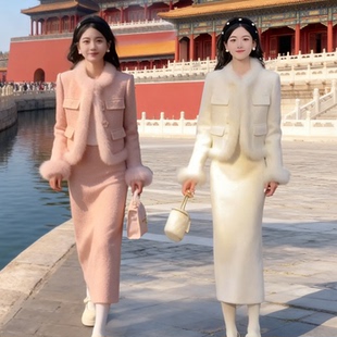 新款 裙女2025冬季 洋气加厚保暖兔毛短外套半身裙 夹棉套装 温柔时尚