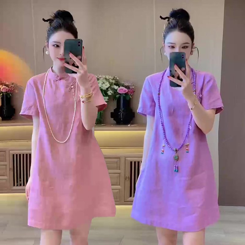 禅意风国潮盘扣短袖立领连衣裙女