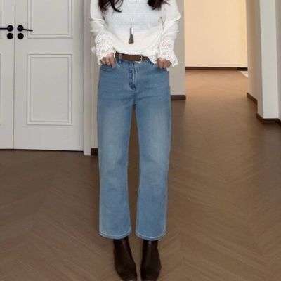 【紫藤风愿】加绒九分直筒复古浅蓝直筒烟管显瘦牛仔裤女