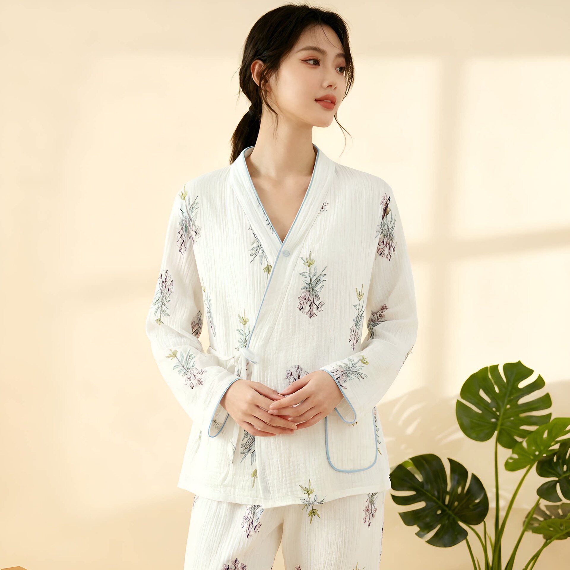 新款春秋纯棉纱布睡衣长袖和服夏季薄款产后哺乳月子服孕期家居服