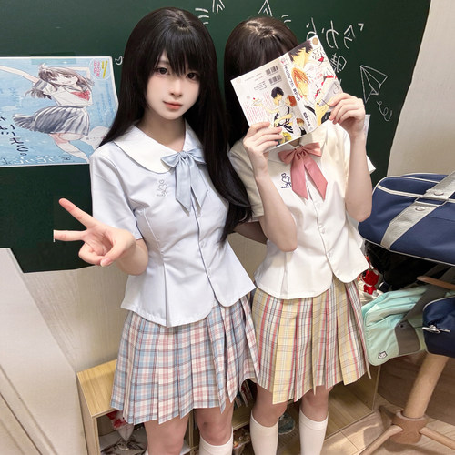 月璃初/小狐町jk短袖衬衫圆领jk制服套装收腰修身衬衫蓝刺绣款夏