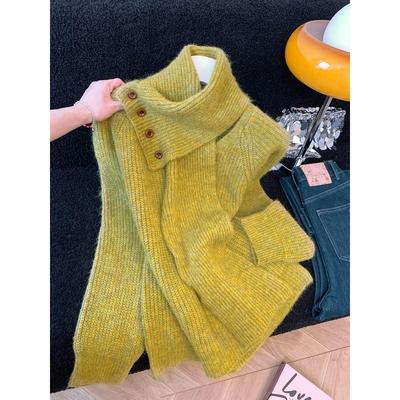 韩系小众设计感秋冬高领纽扣针织衫女慵懒风软糯高级感毛衣上衣厚