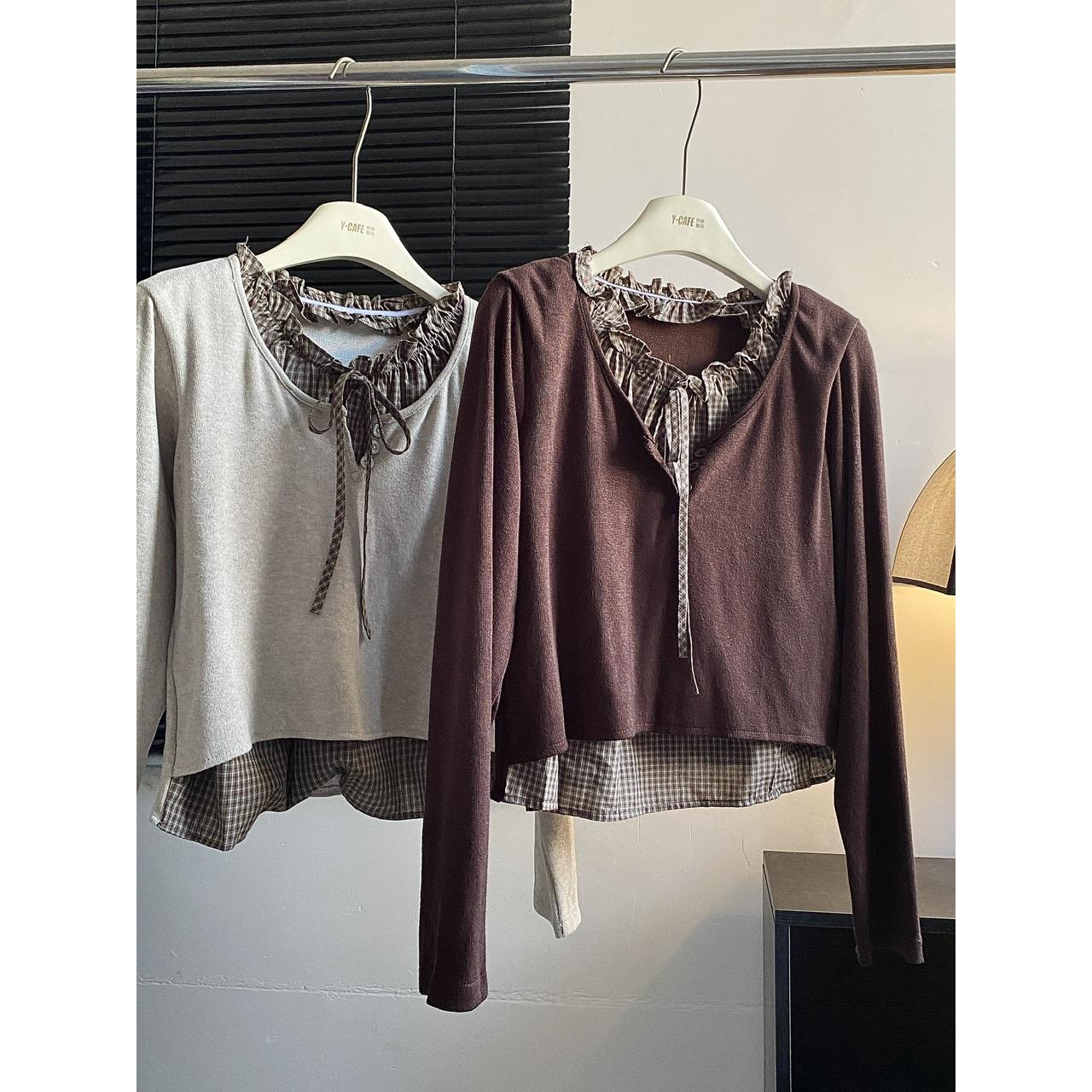 东大门假两件针织衫女2025秋季新款设计感拼接撞色圆领套头短上衣