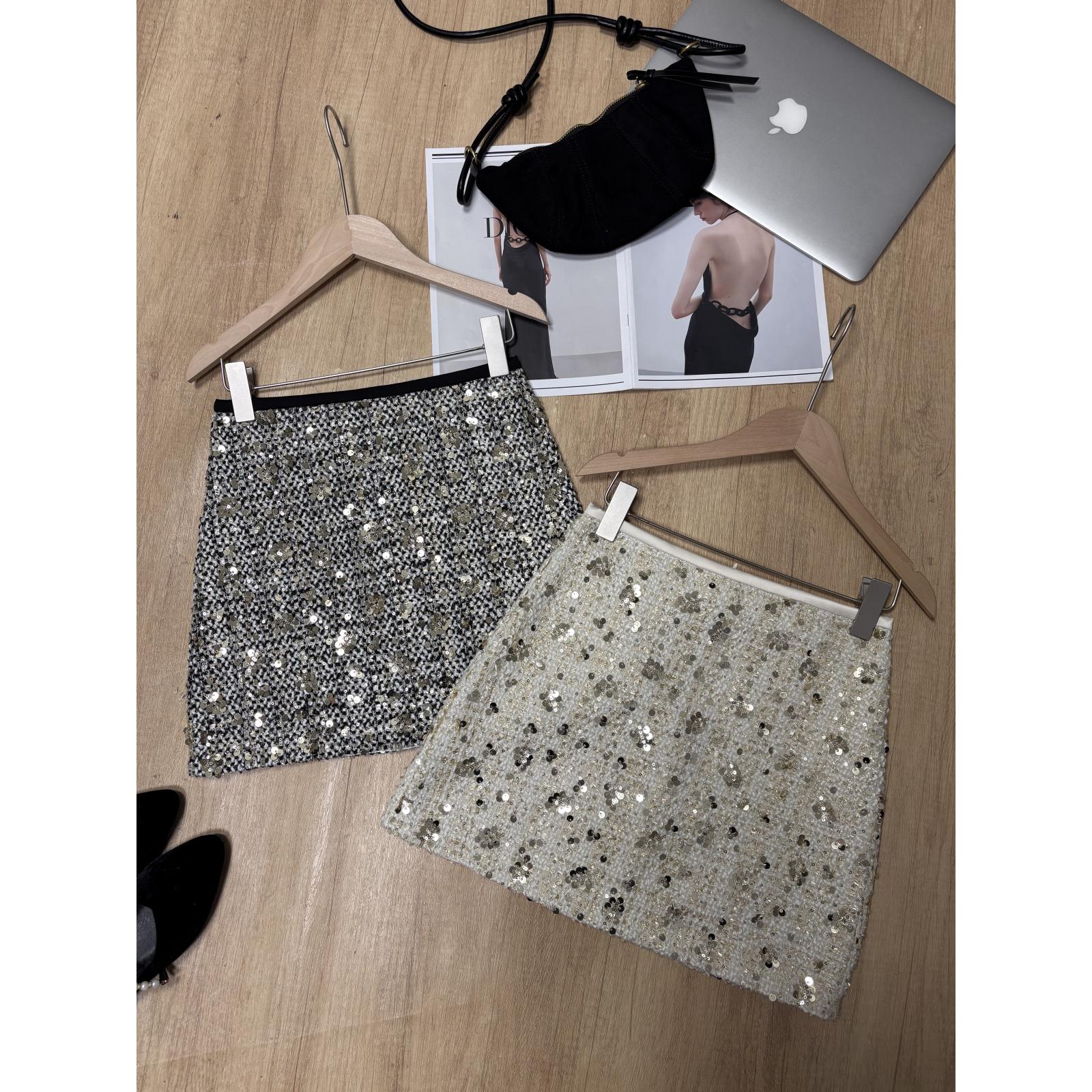 东大门秋冬新款韩版小香风亮片半身裙时尚百搭设计感a字包臀短裙