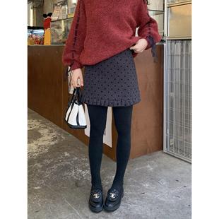 秋冬新款毛呢加厚半身裙灰色波点百搭显瘦百褶荷叶边短款A字裙子