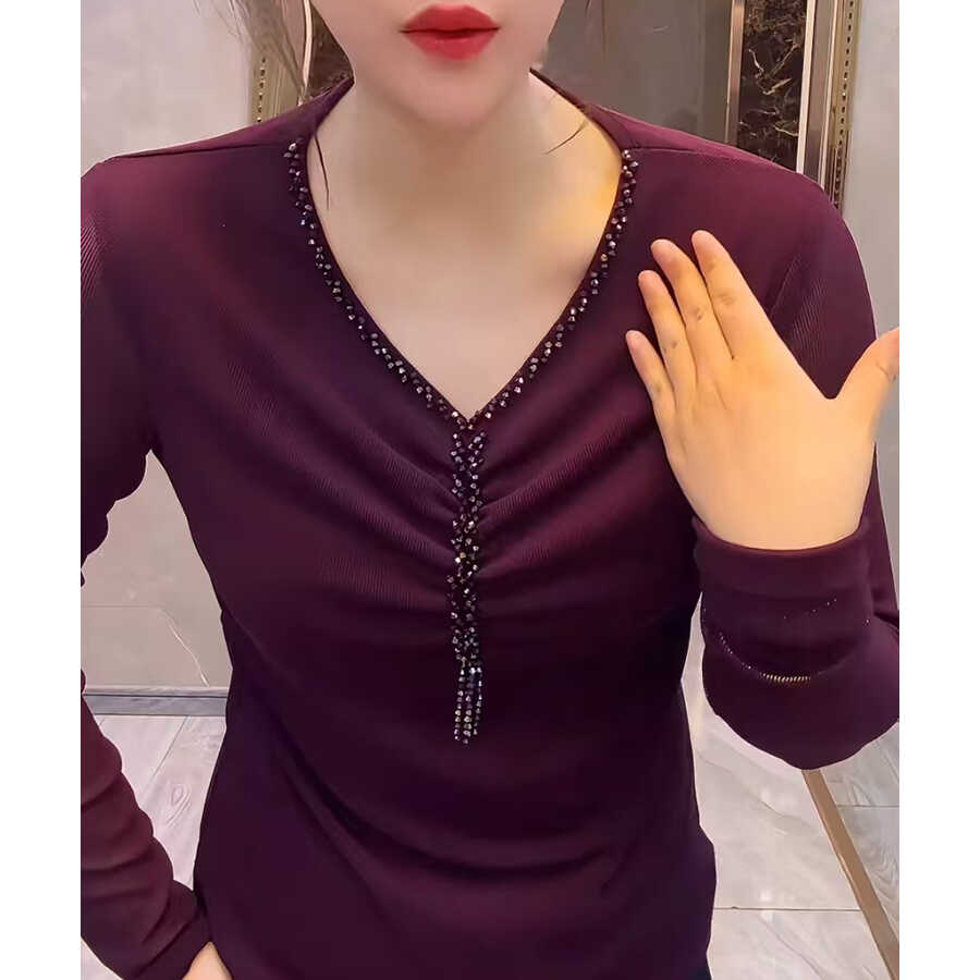 欧洲站长袖网衫T恤女百搭气质串珠v领弹力修身时尚钉珠打底小衫新