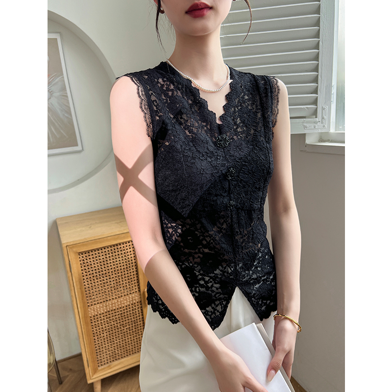 黑色v领蕾丝吊带背心女夏外穿修身无袖内搭打底上衣叠穿2025新款