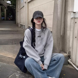 jktee简约百搭纯色灰色无帽圆领卫衣女2025新款宽松大码春秋薄款