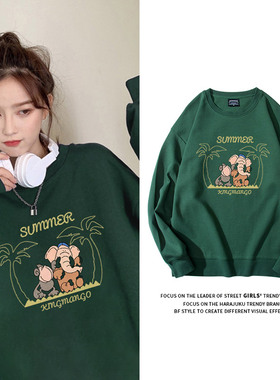chic港味卡通绿色套头圆领卫衣女春秋薄款潮ins宽松小众无帽上衣