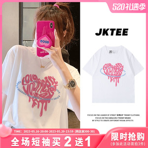 jktee爱心白色正肩短袖t恤女小众设计感纯棉宽松ins原宿休闲半袖