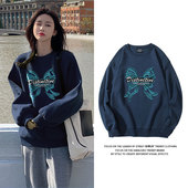 jktee新款 蝴蝶结蓝色圆领卫衣女春秋薄款 宽松学院风无帽套头外套