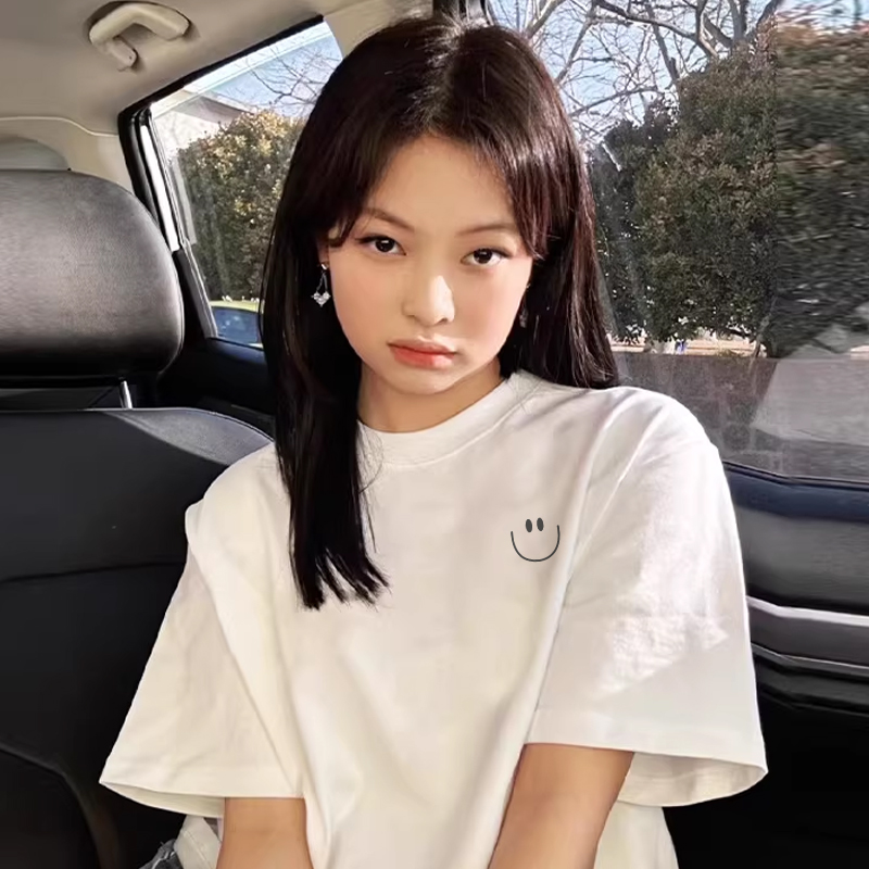 jktee韩系简约风百搭纯棉白色正肩t恤女2025新款宽松小个子半袖