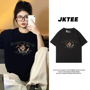 t恤女宽松显瘦纯棉上衣夏 jktee日系港味简约卡通印花黑色正肩短袖