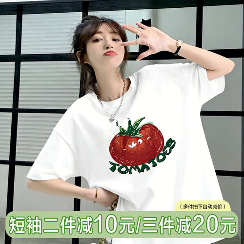 纯棉印花短袖t恤女宽松夏