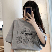 卡通小熊灰色t恤女夏薄款 内搭半袖 纯棉宽松短袖 ins潮港风复古大码
