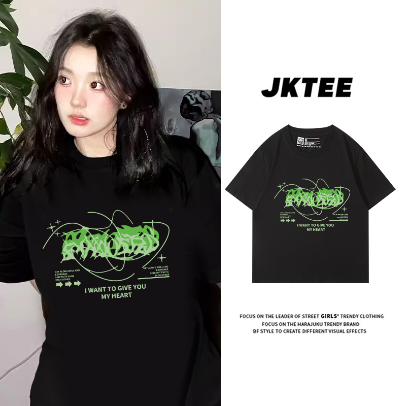 JK．TEE印花黑色t恤女短袖宽松