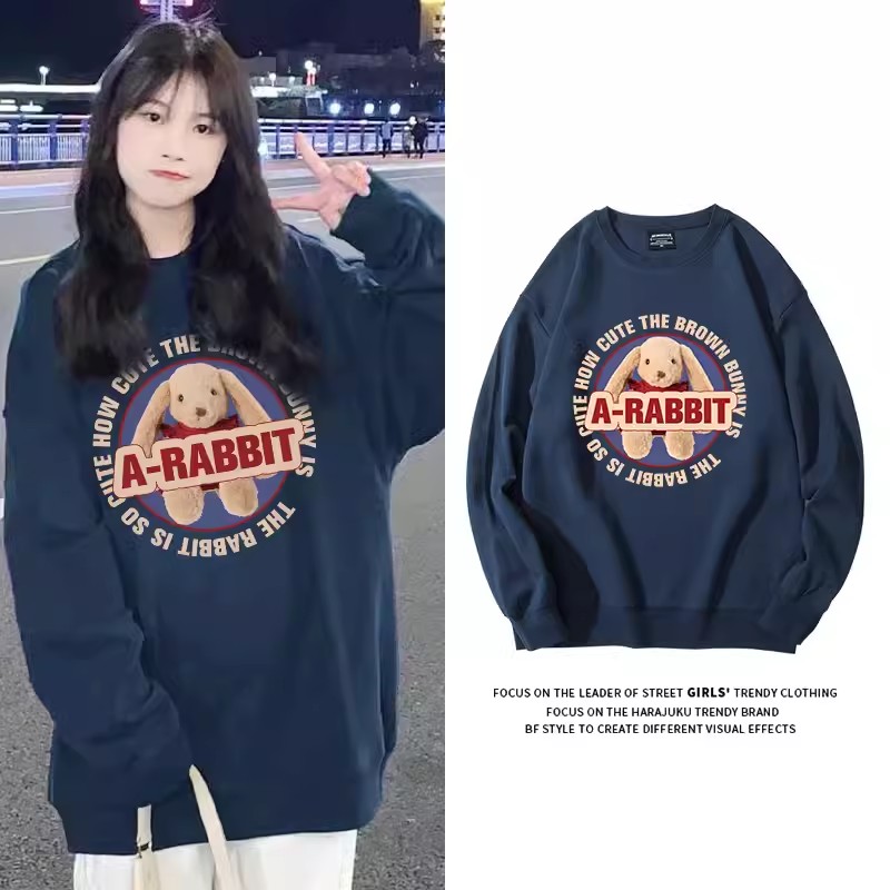 可爱卡通印花藏青色圆领卫衣女秋冬加绒宽松韩版套头无帽长袖上衣