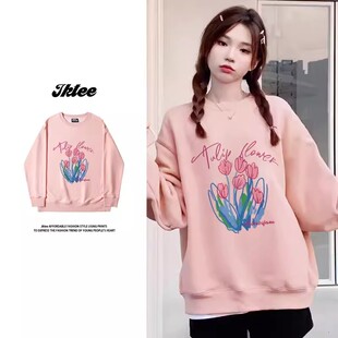 港味复古chic浅粉色圆领卫衣女加厚加绒冬宽松大码无帽上衣外套潮