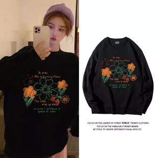日系原宿风印花黑色圆领卫衣女秋冬加绒加厚宽松大码无帽长袖上衣