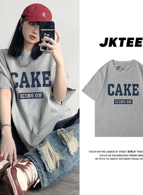 休闲运动风简约字母浅灰色纯棉t恤女短袖oversize宽松显瘦体恤衫