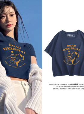 法式abg辣妹风深蓝色短t恤女短袖宽松显瘦高腰小个子短款半袖上衣