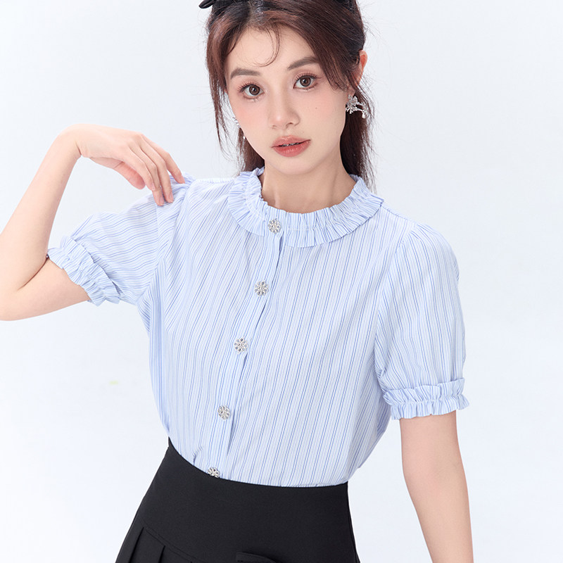 凡兔春季法式高级感小香风蓝色条纹衬衫女2026新款设计感气质上衣