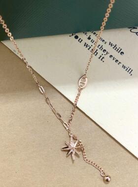 18K玫瑰金素金八角芒星拉丝吊坠光珠流苏套链女式项链送礼