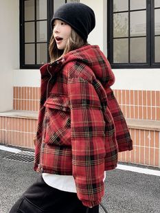 红色格子羽绒棉服女短款冬季2025新款设计感时尚加厚面包服外套潮