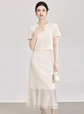 2603409 立体泡泡格肌理感短上衣 时尚半裙拼欧根纱套装女夏新款