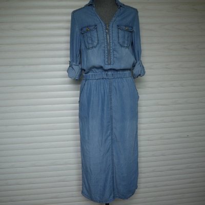 内销女装春夏牛仔连衣裙两穿长袖后开叉松紧腰工装风长裙子V领