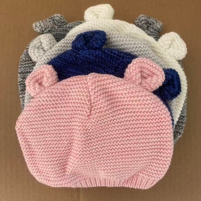 外贸婴儿童款针织线帽小耳朵立体卡通造型帽子套头帽秋冬薄款