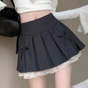 Preppy Style Skirts for Women Mini Pleated Bow Sweet Girls