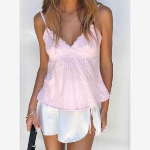 Women Spaghe Patchwork Neck Striped Top Crop Pink Lace y2k