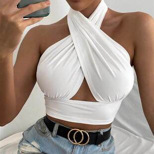 Color Tank Neck Halter Cross Solid Sexy Tops Summer Women