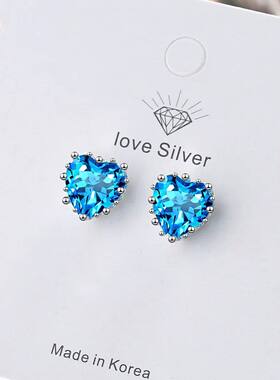 Sterling Silver Heart Blue Zircon Stud Earrings For Women