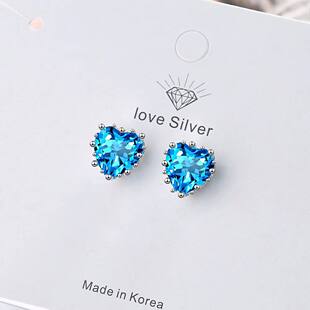 Blue Zircon Stud Sterling For Heart Earrings Women Silver