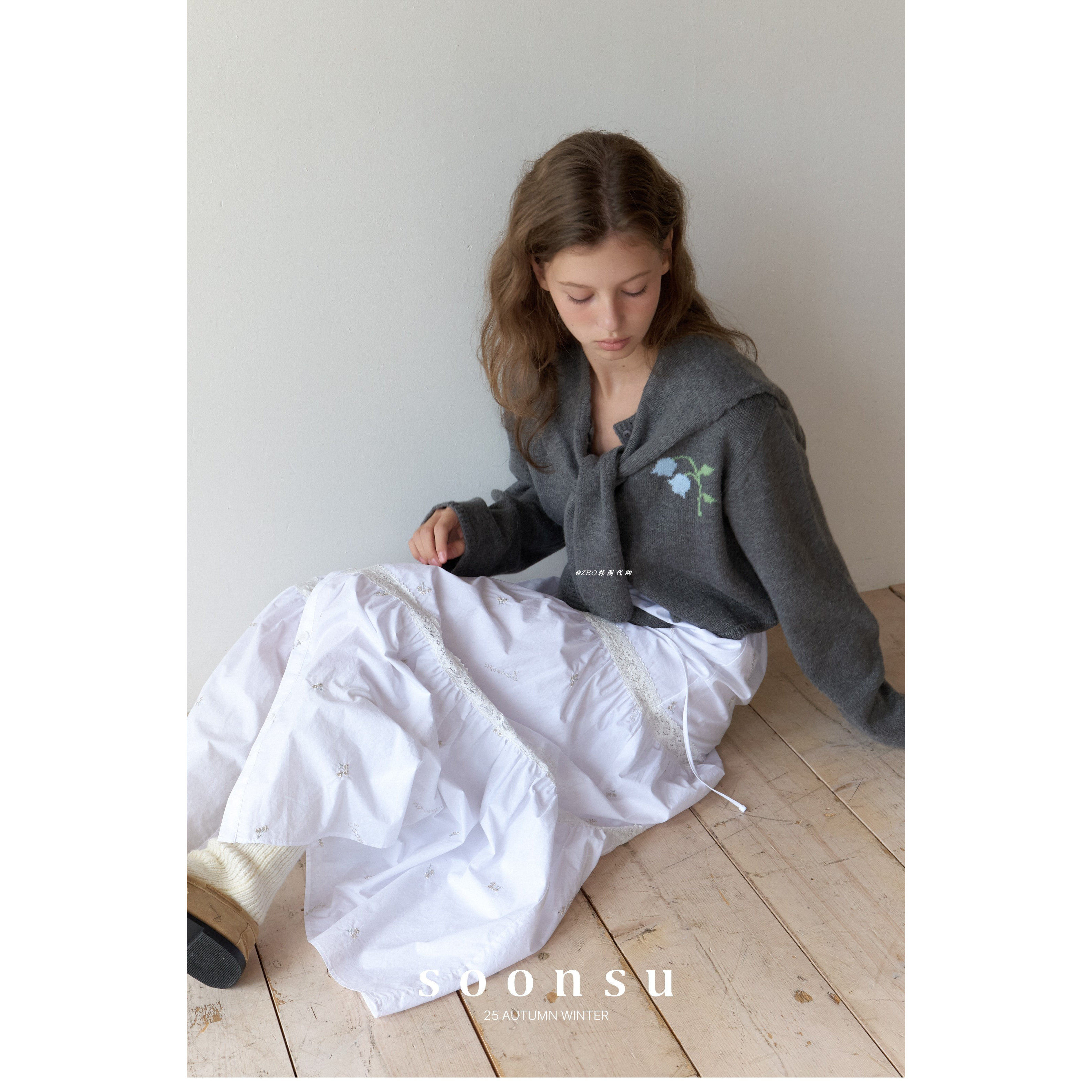 韩国代购 soonsu 小众设计师 风铃花提花披肩开襟毛衣 针织开衫