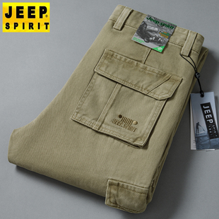 多口袋户外商务直筒宽松高腰男长裤 工装 子 男装 JEEP吉普纯棉休闲裤