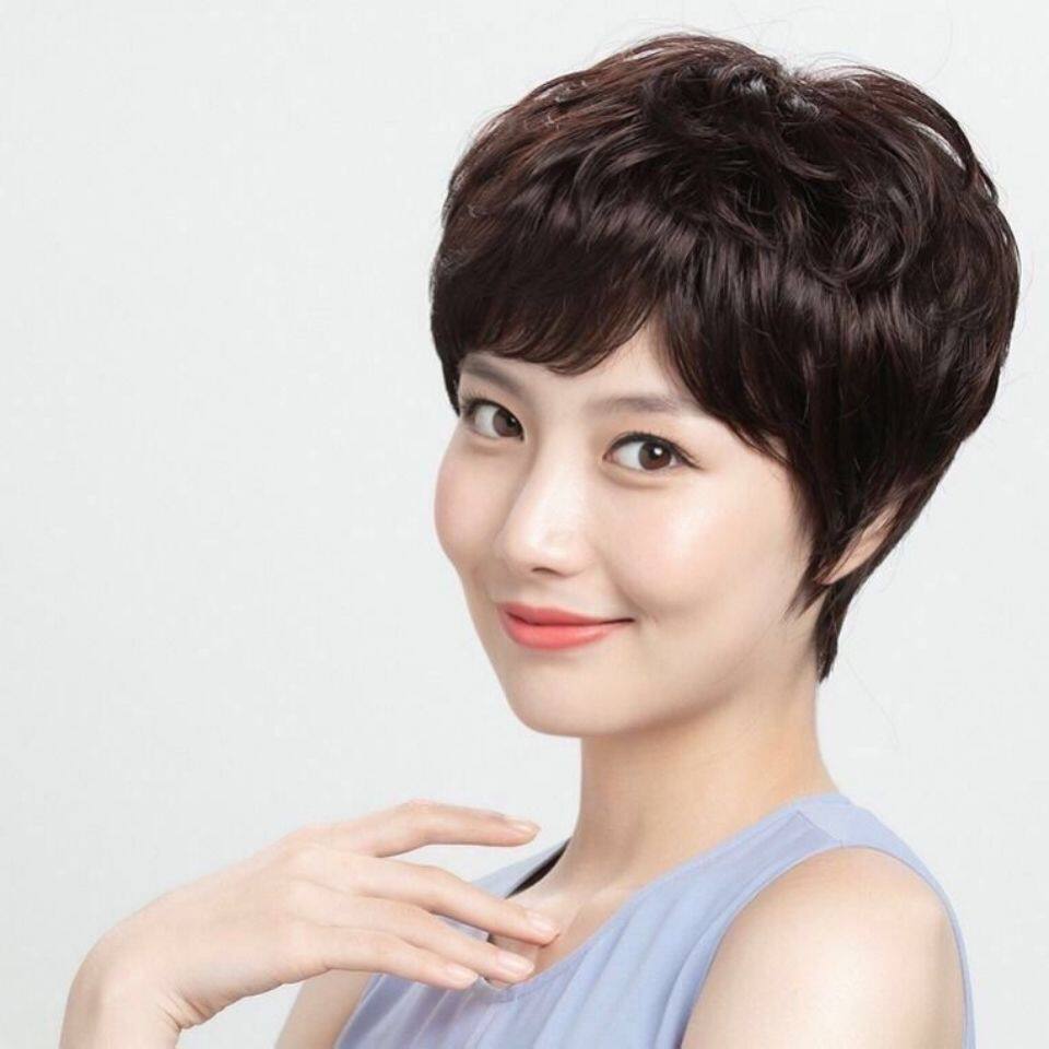 中老年假发女短发圆脸斜刘海真人