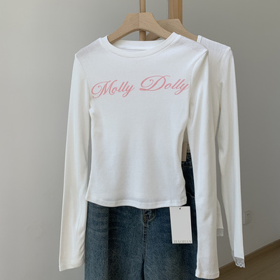 美式辣妹字母印花长袖T恤女春秋纯欲修身上衣白色显瘦内搭打底衫