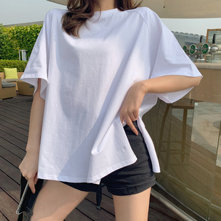 体桖上衣服 白色棉质T恤女夏中长款 开叉短袖 韩版 ins潮学生宽松半袖