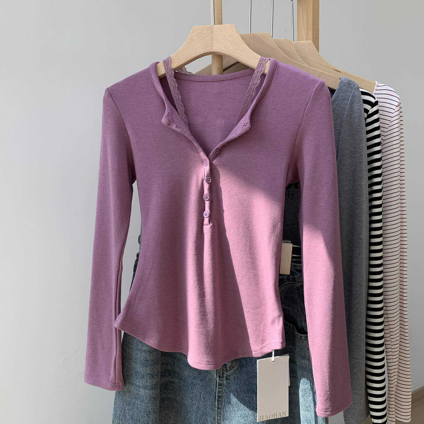 纯欲风紫色修身蕾丝挂脖半开领长袖T恤女春秋性感微透上衣打底衫