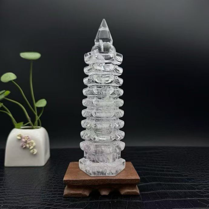 天然水晶原石打磨工艺品家居灵性摆件白水晶雕刻奇石文昌塔摆件