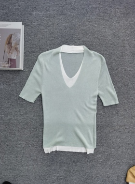 2026新款短袖V领针织春夏季T恤女打底衫假两套纽扣条纹洋气宽松衣