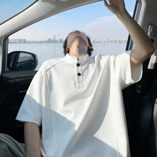 cleanfit拼接半袖 男高级感亨利领正肩T恤美式 短袖 白色立领Polo衫