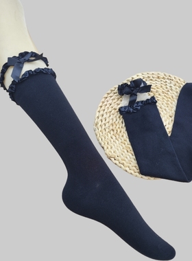 微瑕疵日系新款蕾丝花边蝴蝶结小腿袜女春季黑色jk拼接中筒长袜子