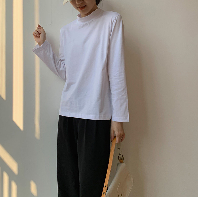 半高领棉质打底衫早秋薄款宽松韩版纯白色搭配内搭套头长袖t恤女