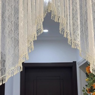 重工吊珠法式复古蕾丝门帘隔断玄关走廊纱帘半帘窗帘透光纱风水帘