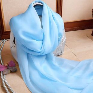 天蓝色纯色桑蚕丝长款真丝丝巾披肩女纱巾春秋冬夏季丝绸围巾超长